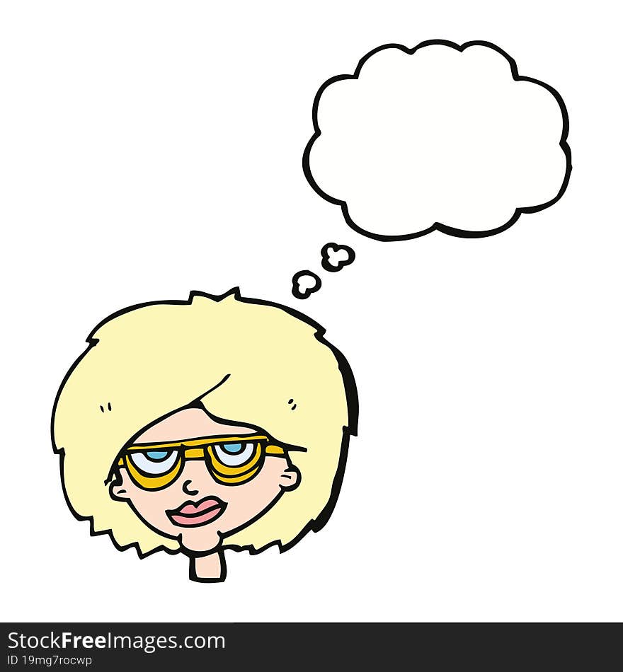 cartoon woman wearing spectacles with thought bubble