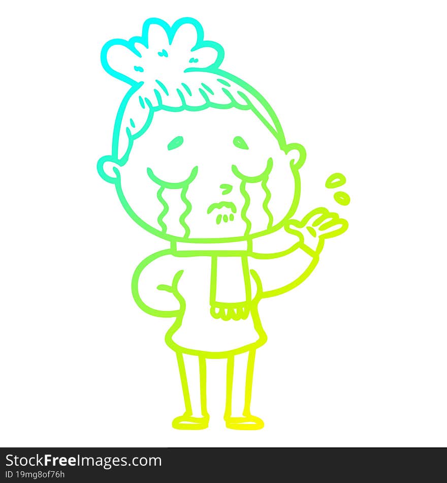 cold gradient line drawing of a cartoon crying woman