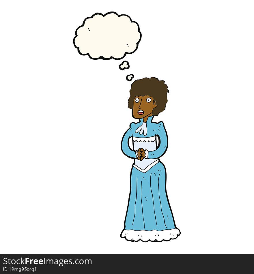 cartoon shocked victorian woman with thought bubble