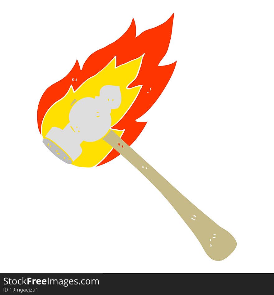 flat color illustration of a cartoon flaming hammer