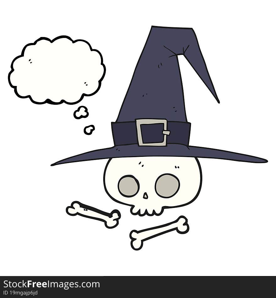 freehand drawn thought bubble cartoon witch hat with skull