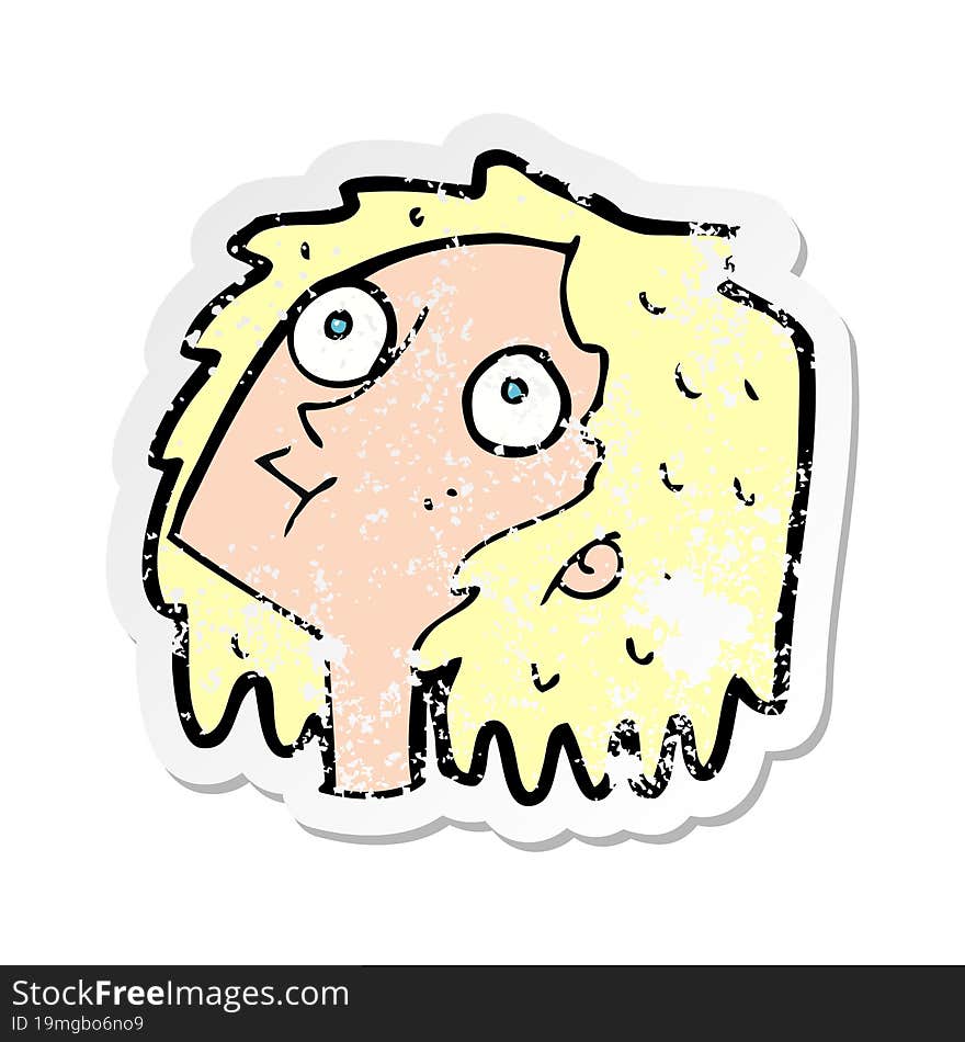 retro distressed sticker of a cartoon staring woman