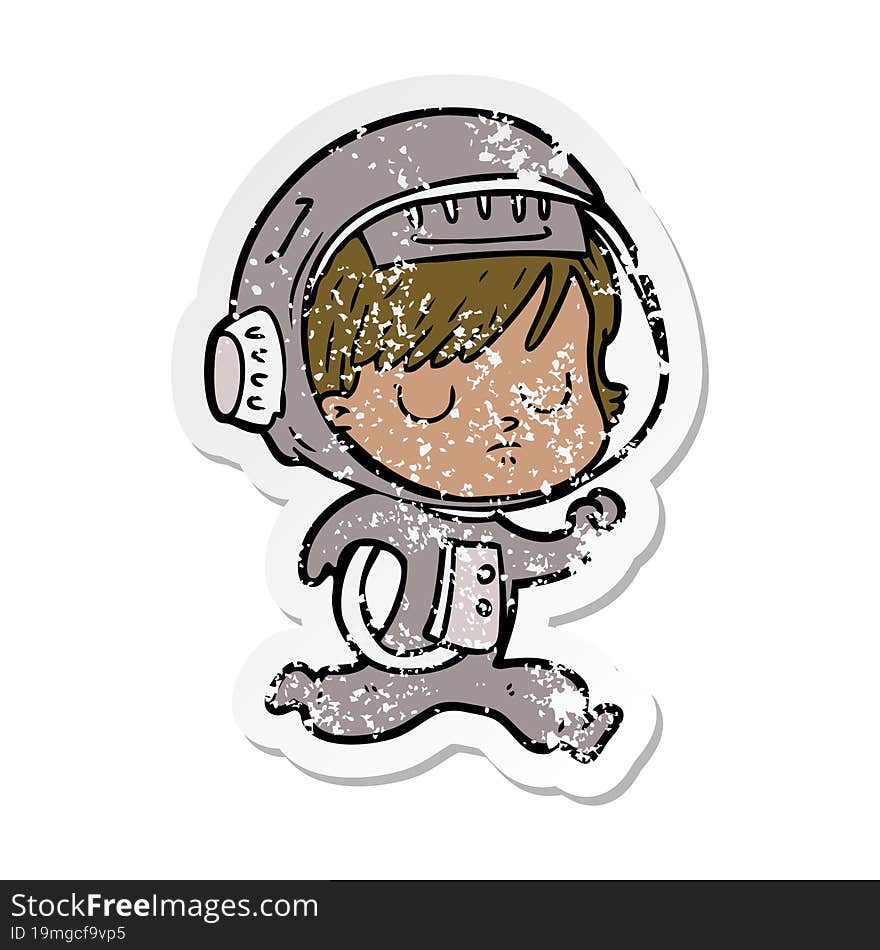 distressed sticker of a cartoon astronaut woman