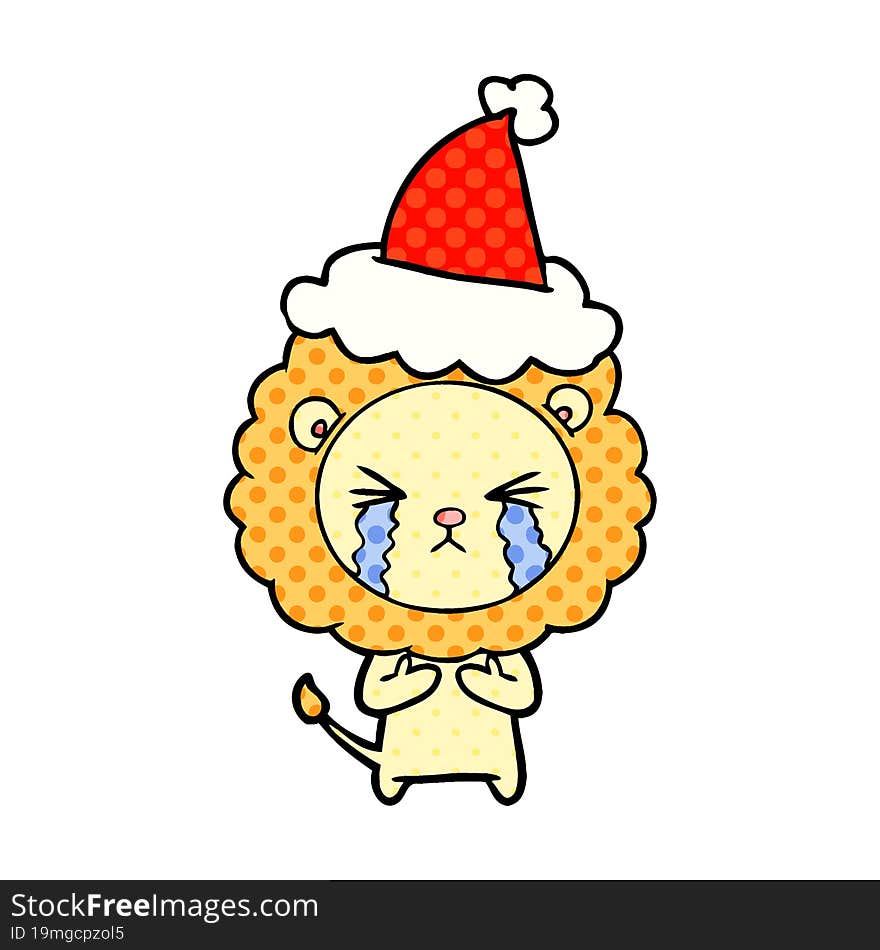 comic book style illustration of a crying lion wearing santa hat