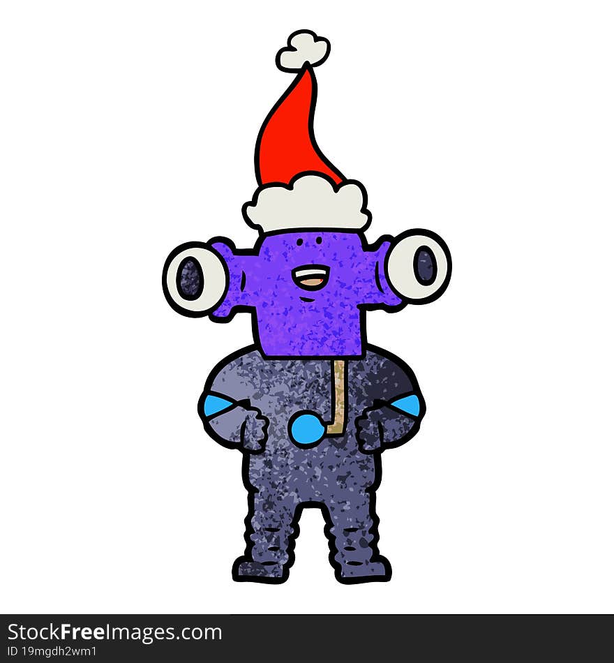 friendly hand drawn textured cartoon of a alien wearing santa hat. friendly hand drawn textured cartoon of a alien wearing santa hat