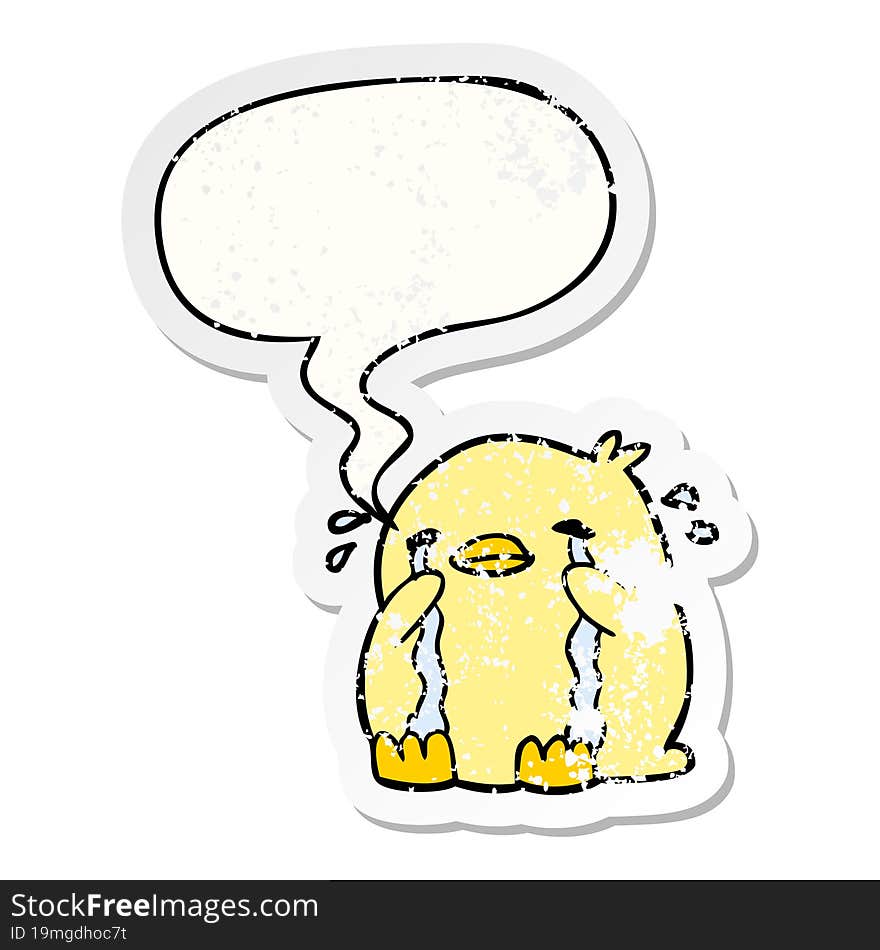 cartoon crying bird with speech bubble distressed distressed old sticker. cartoon crying bird with speech bubble distressed distressed old sticker