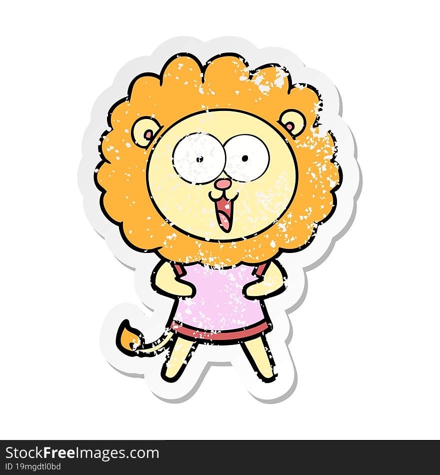 distressed sticker of a happy cartoon lion