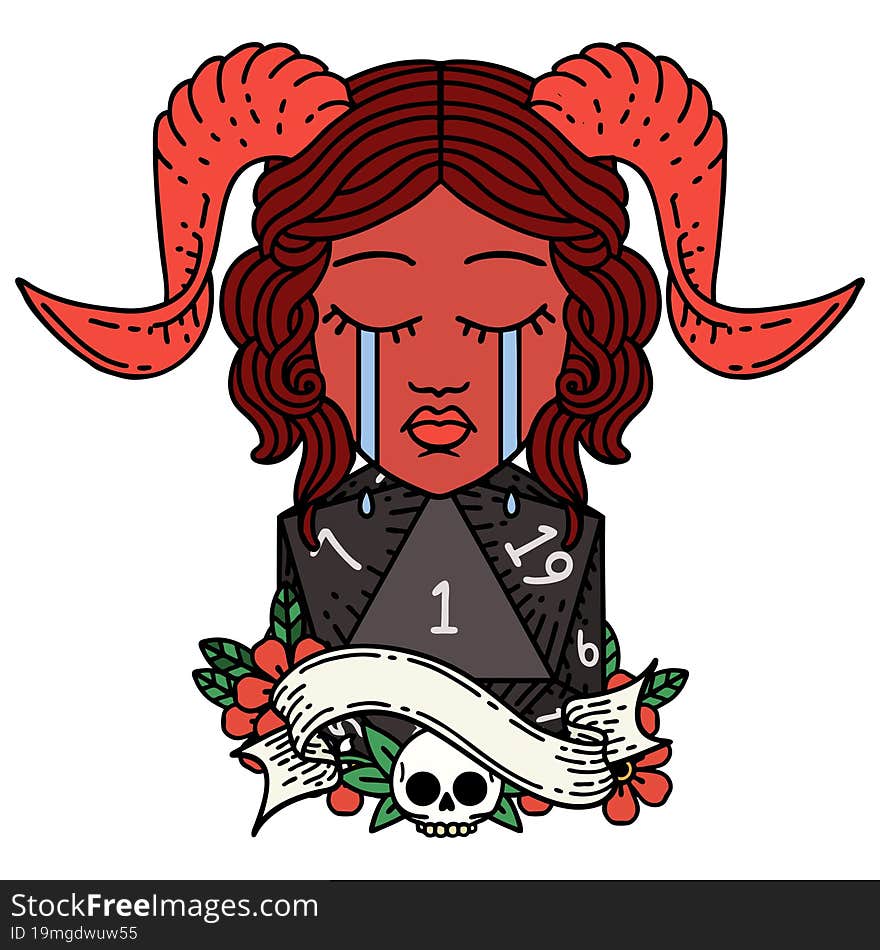 Retro Tattoo Style crying tiefling with natural one D20 dice roll. Retro Tattoo Style crying tiefling with natural one D20 dice roll