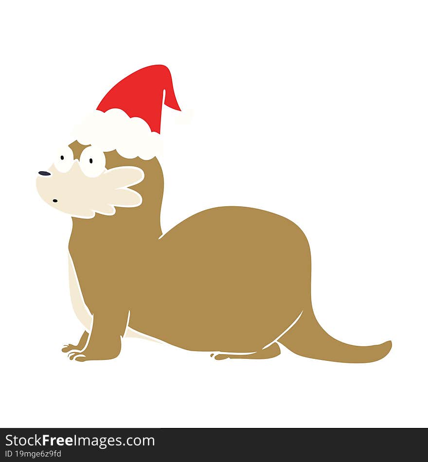 flat color illustration of a otter wearing santa hat