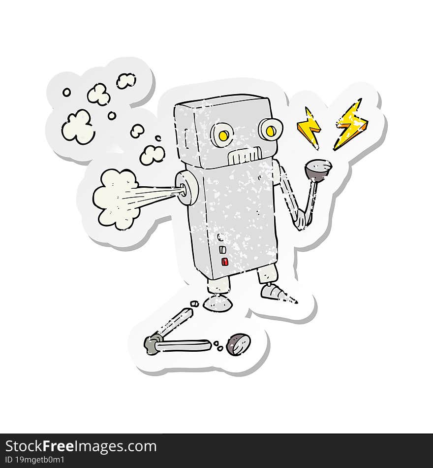 retro distressed sticker of a cartoon broken robot