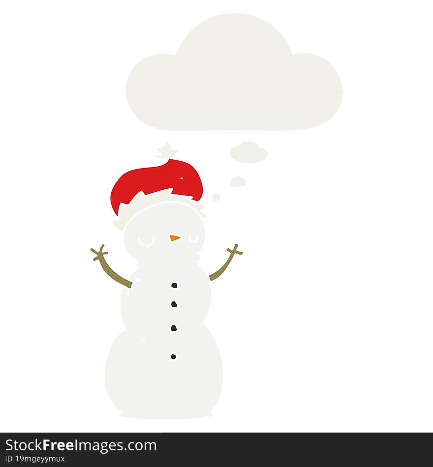 cartoon snowman and thought bubble in retro style