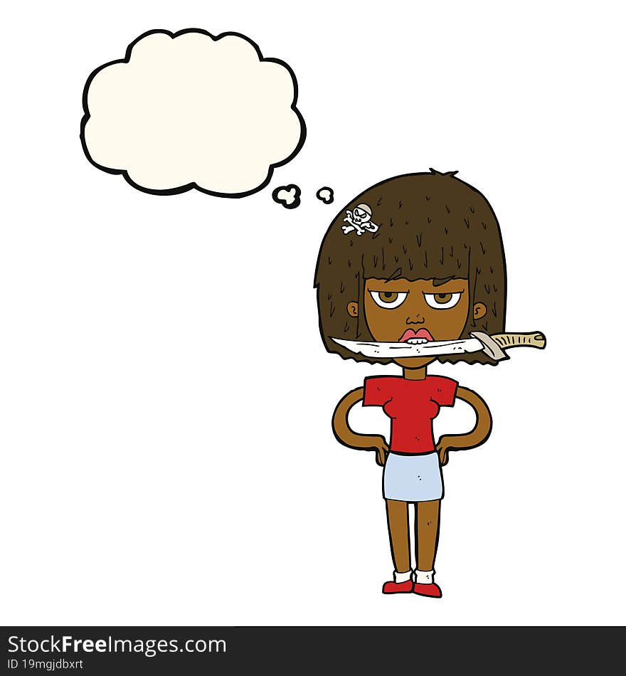 cartoon woman with knife between teeth with thought bubble