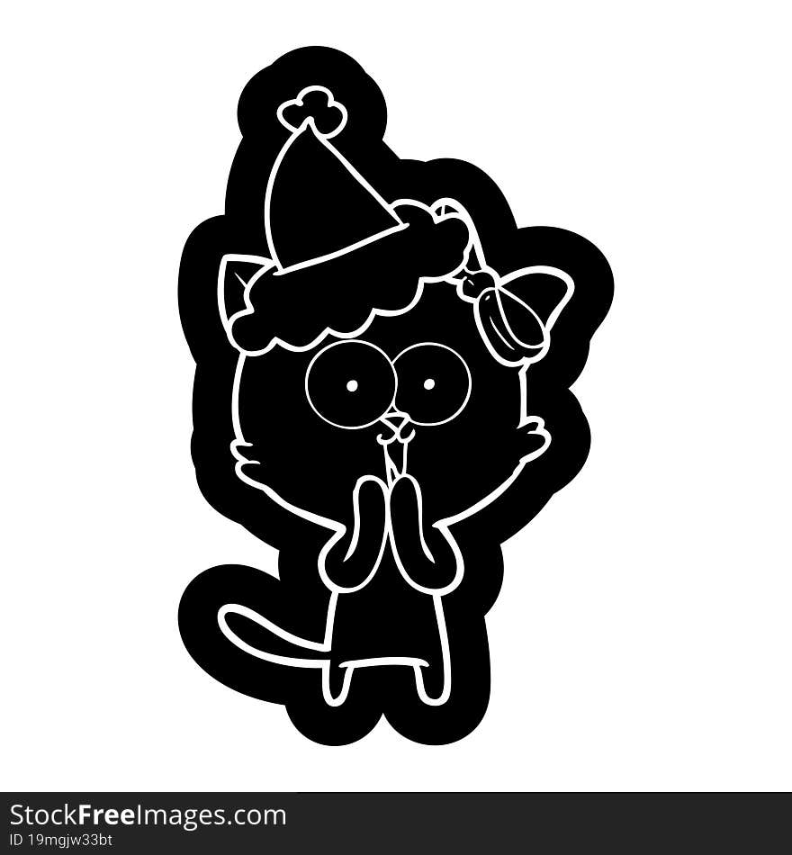 quirky cartoon icon of a cat wearing santa hat