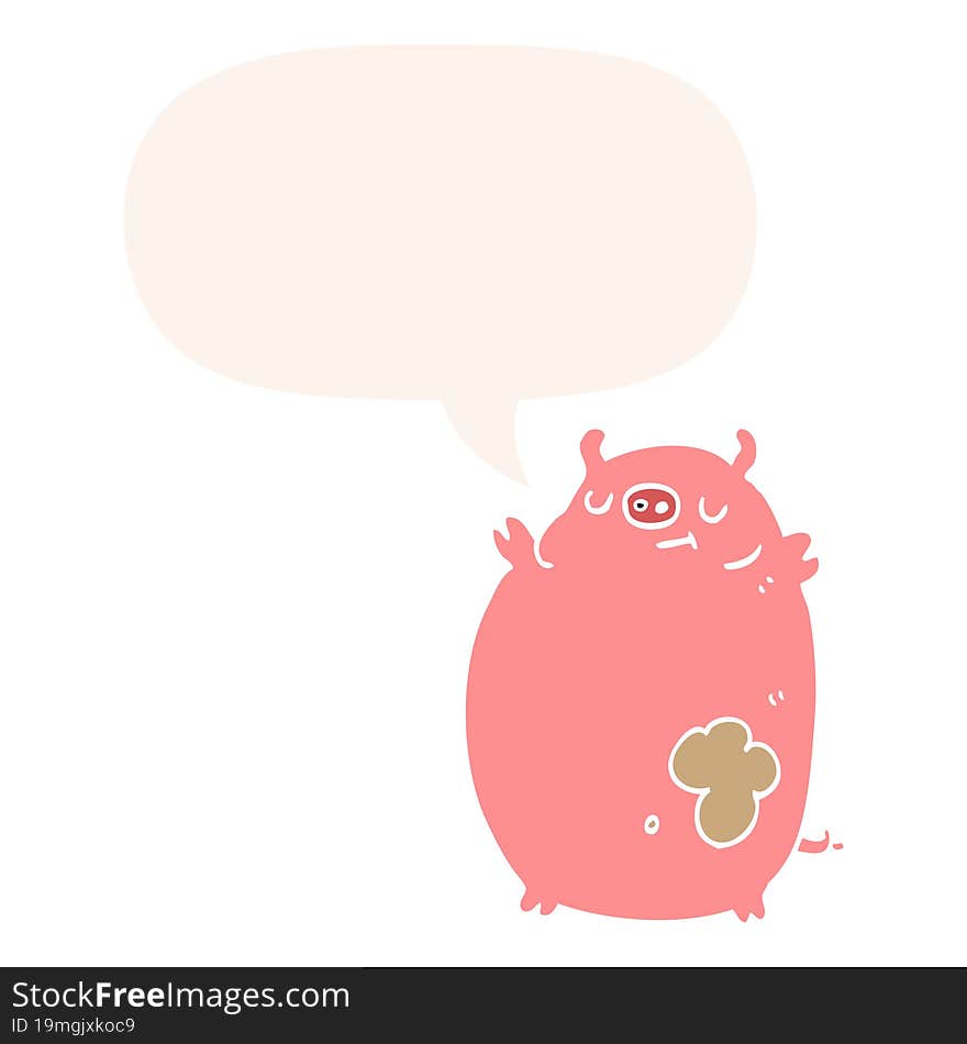 cartoon fat pig and speech bubble in retro style