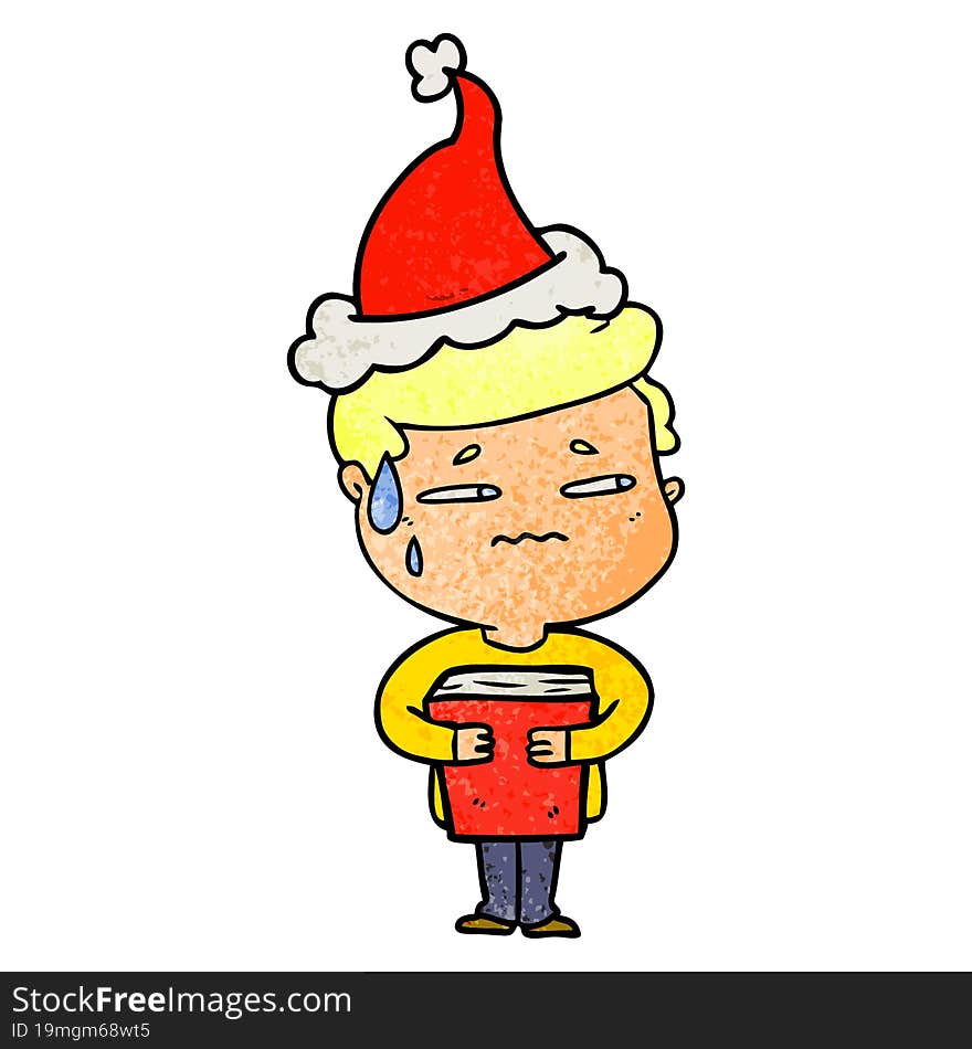 textured cartoon of a anxious boy carrying book wearing santa hat