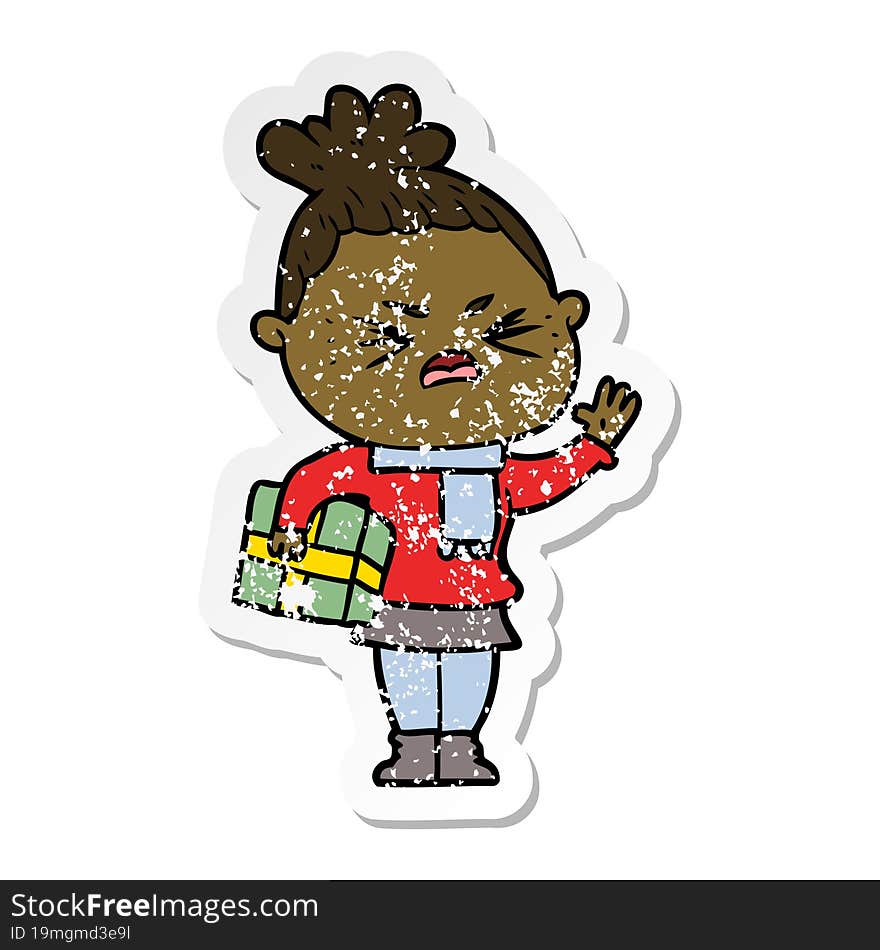 distressed sticker of a cartoon angry woman