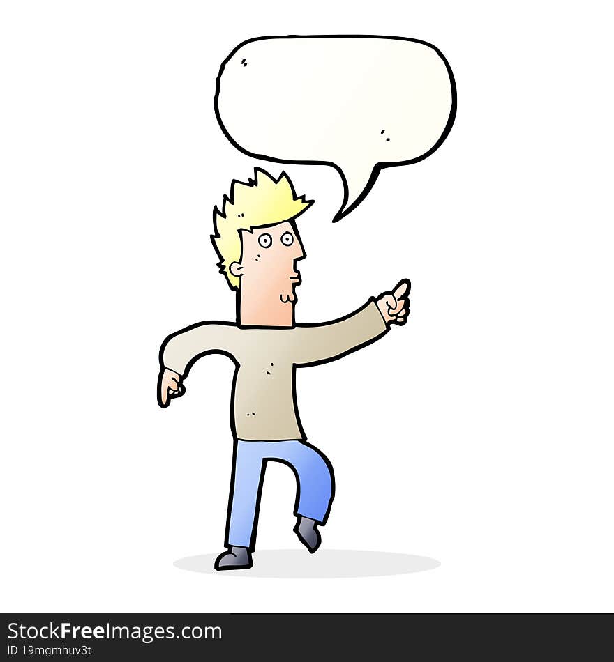 cartoon worried man pointing with speech bubble