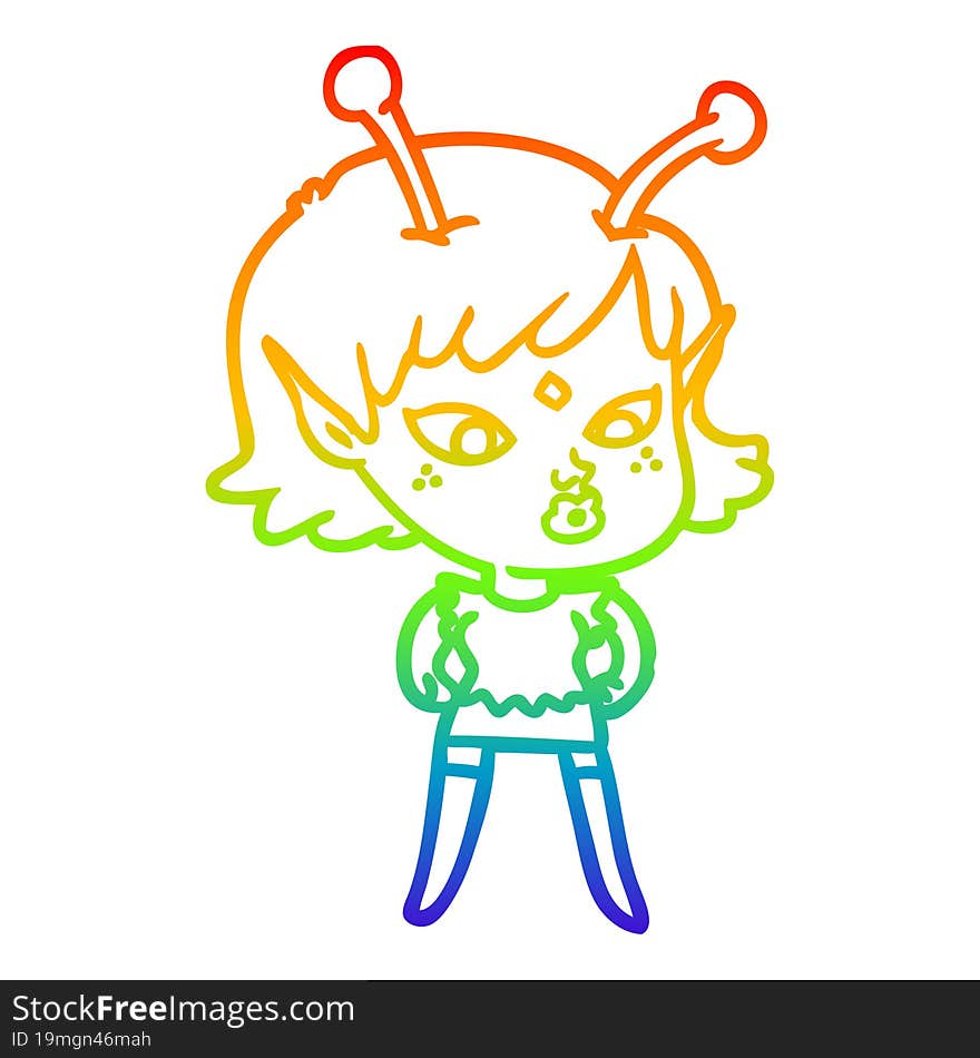 rainbow gradient line drawing pretty cartoon alien girl