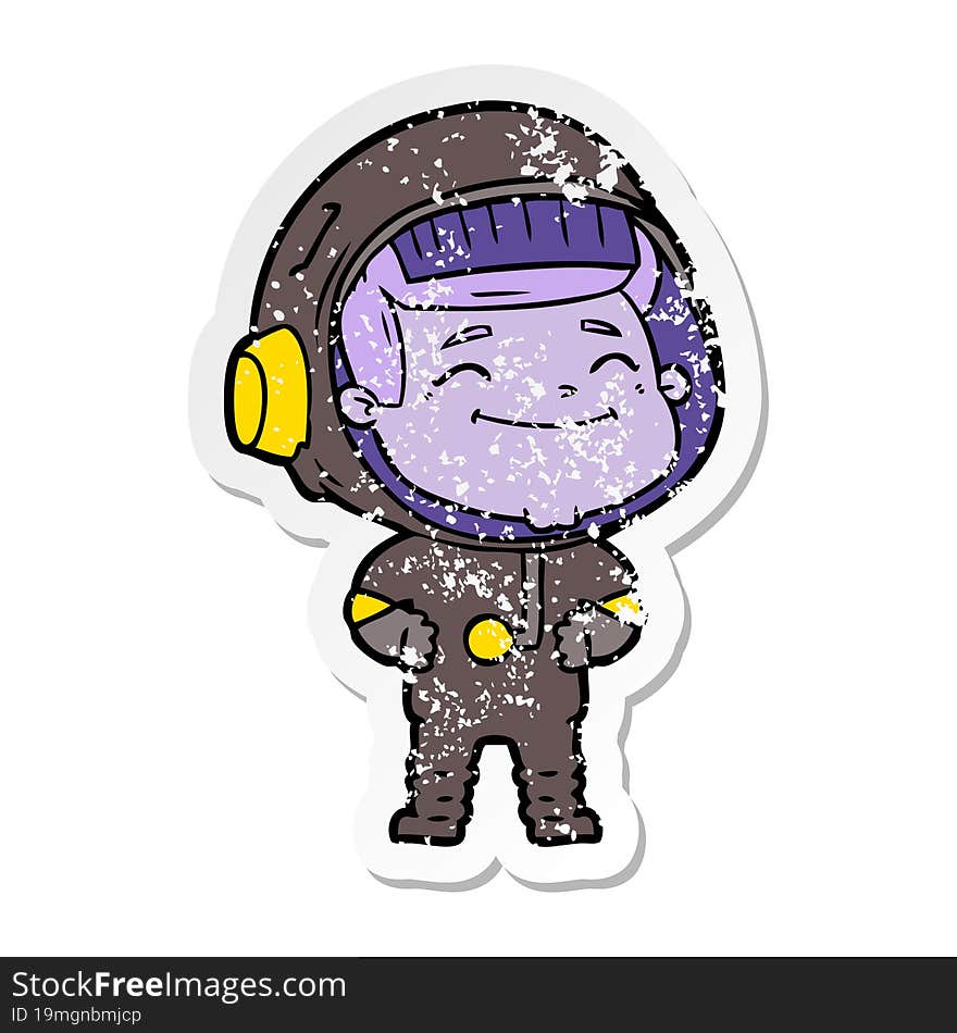 distressed sticker of a happy cartoon astronaut