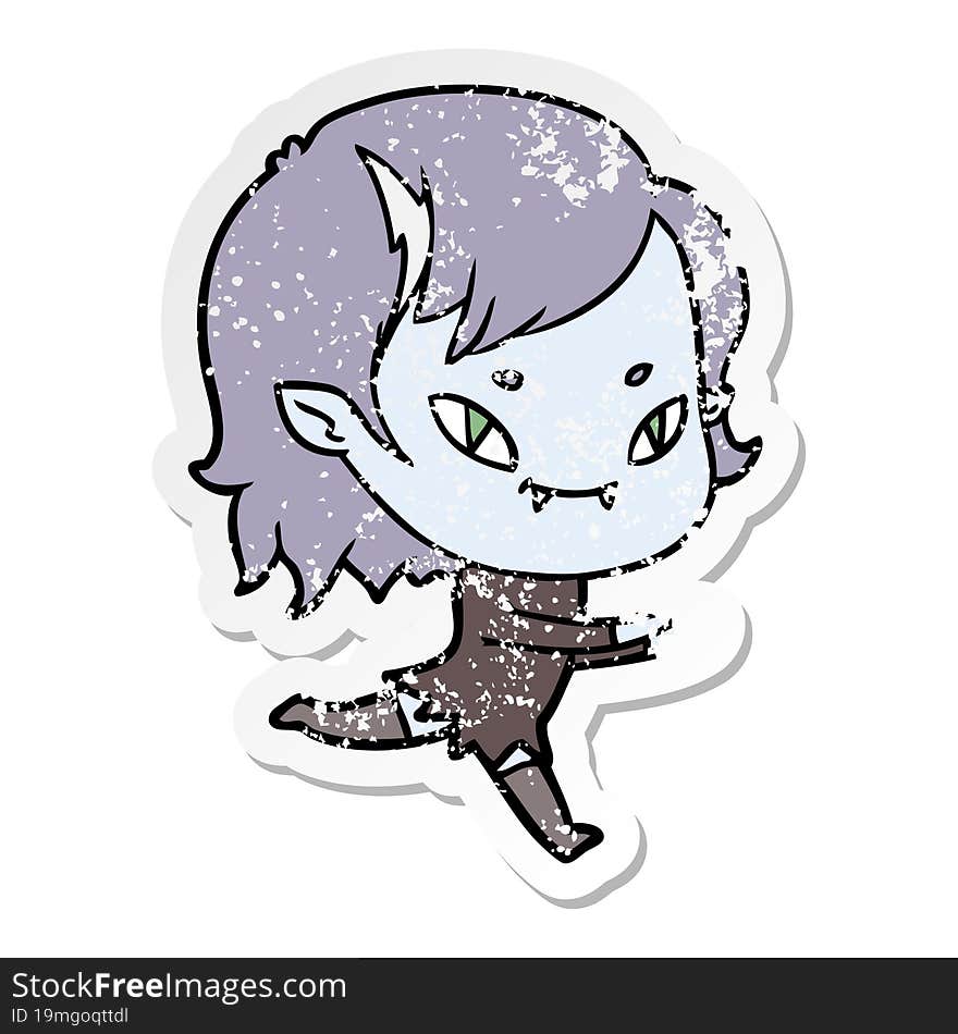 distressed sticker of a cartoon friendly vampire girl running