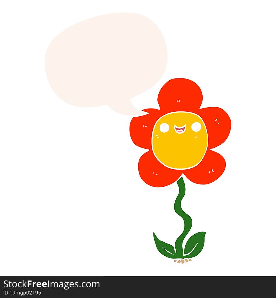 cartoon flower and speech bubble in retro style