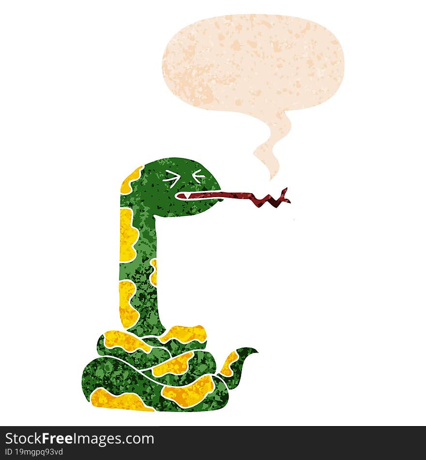 cartoon hissing snake and speech bubble in retro textured style