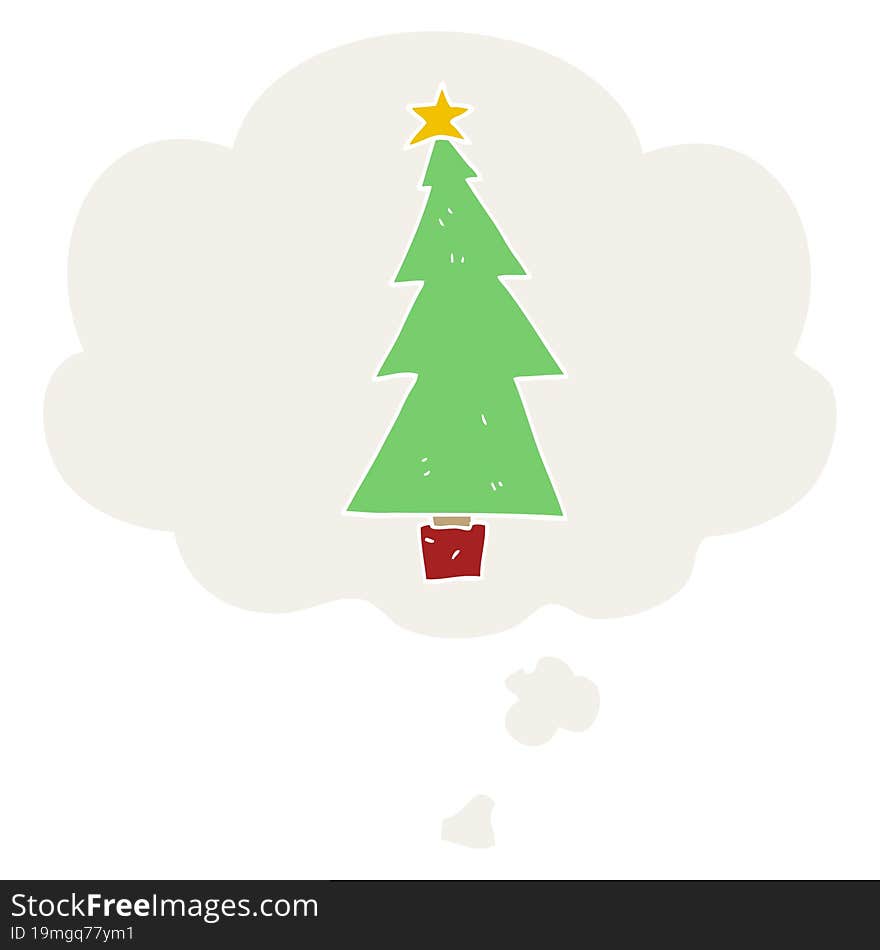 cartoon christmas tree and thought bubble in retro style