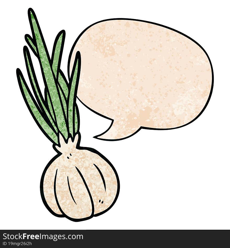 cartoon garlic bulb and speech bubble in retro texture style