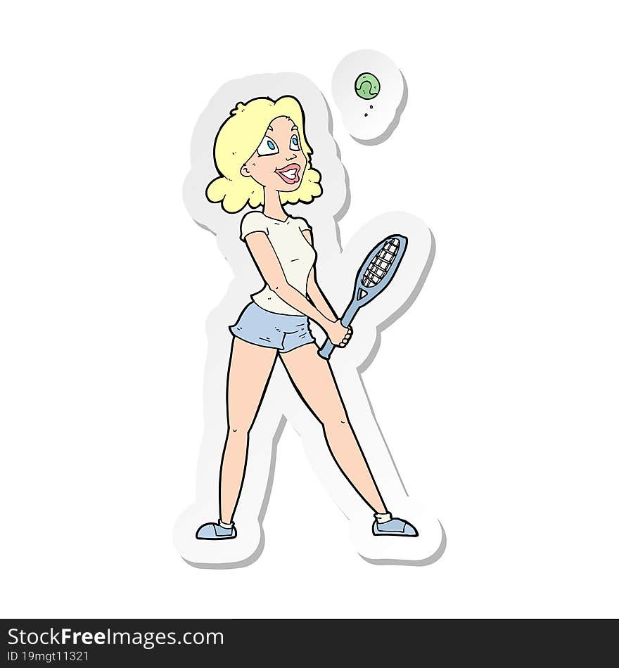 sticker of a cartoon woman playing tennis