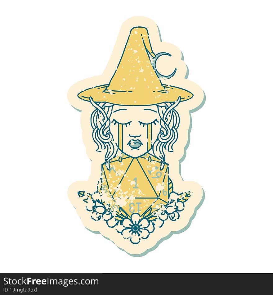 crying elf witch with natural one D20 roll illustration