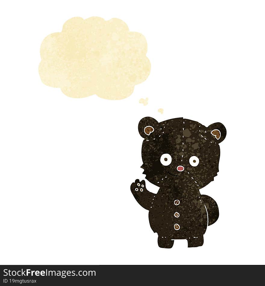 cartoon waving black bear cub with thought bubble