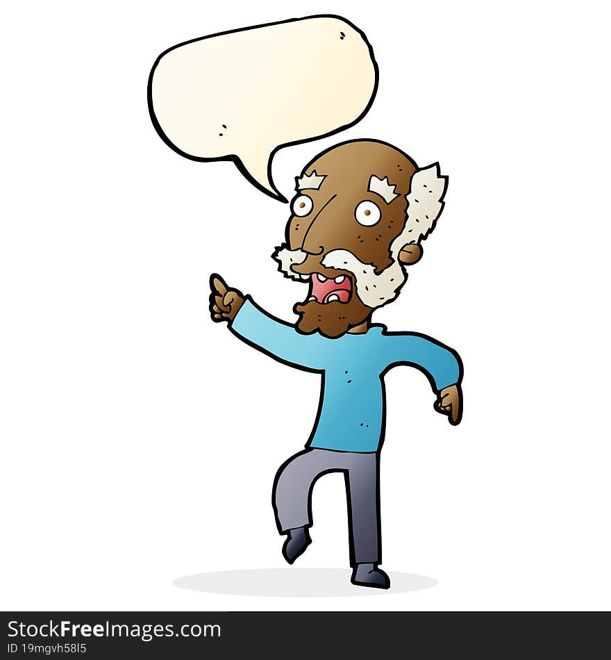 cartoon frightened old man with speech bubble