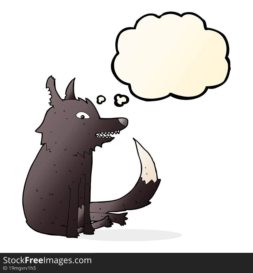 cartoon wolf sitting with thought bubble