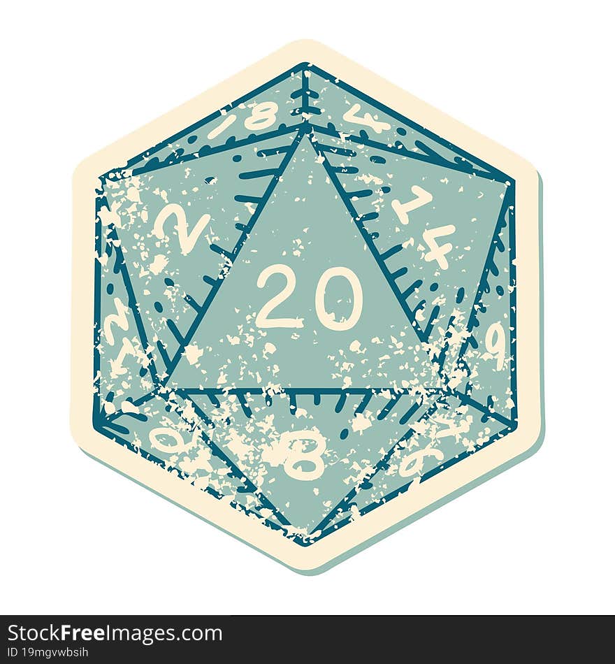 distressed sticker tattoo style icon of a d20 dice