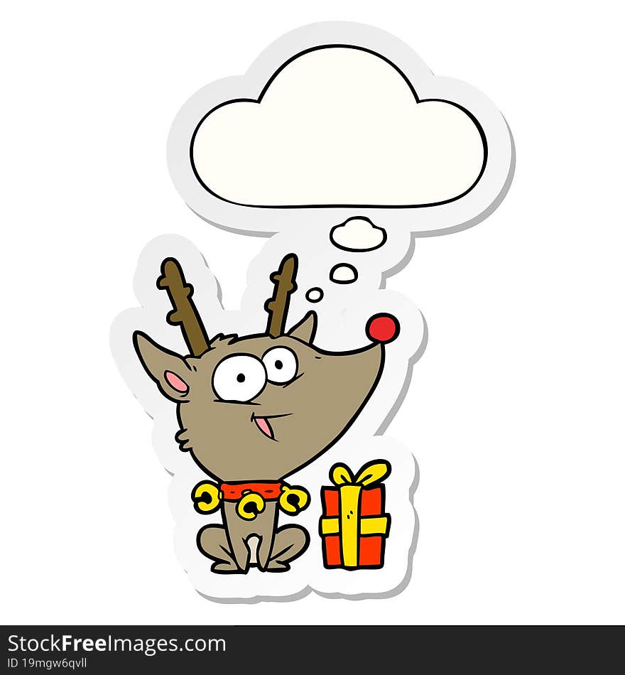 cartoon christmas reindeer and thought bubble as a printed sticker