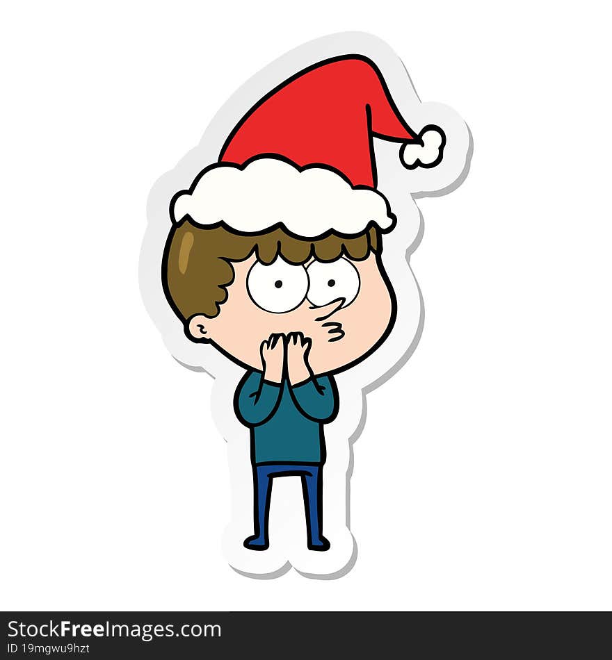 sticker cartoon of a curious boy wearing santa hat