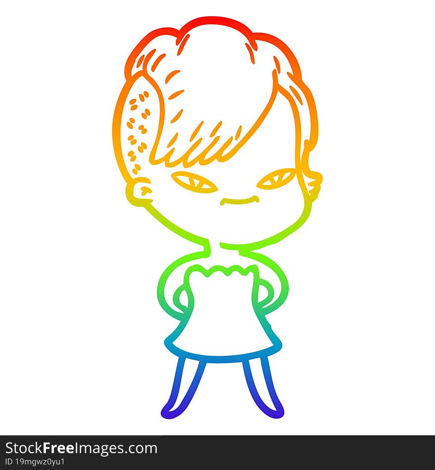 Rainbow Gradient Line Drawing Cute Cartoon Girl With Hipster Haircut