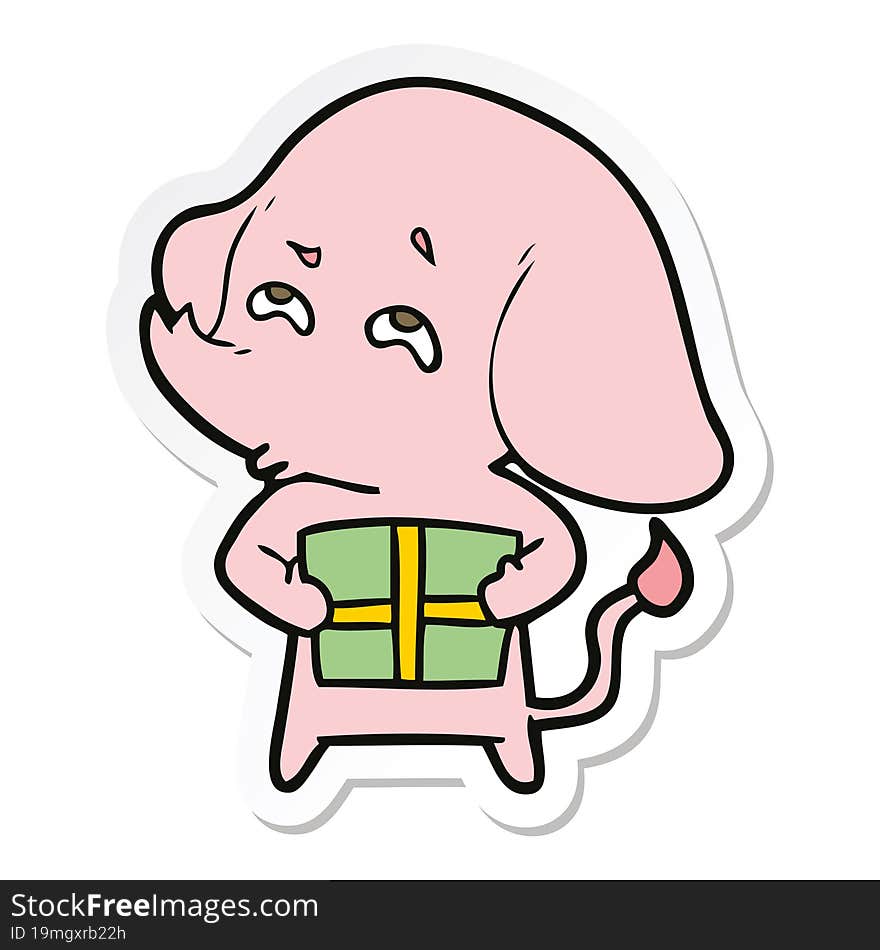 Sticker Of A Cartoon Elephant With Gift Remembering