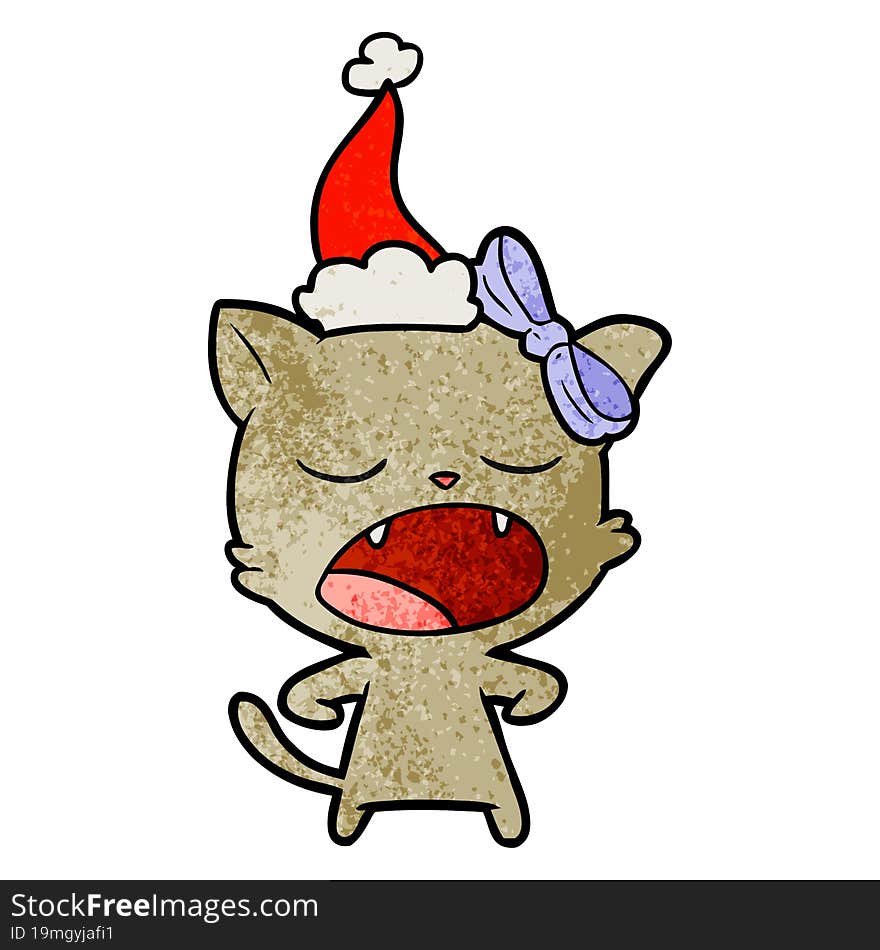 textured cartoon of a yawning cat wearing santa hat