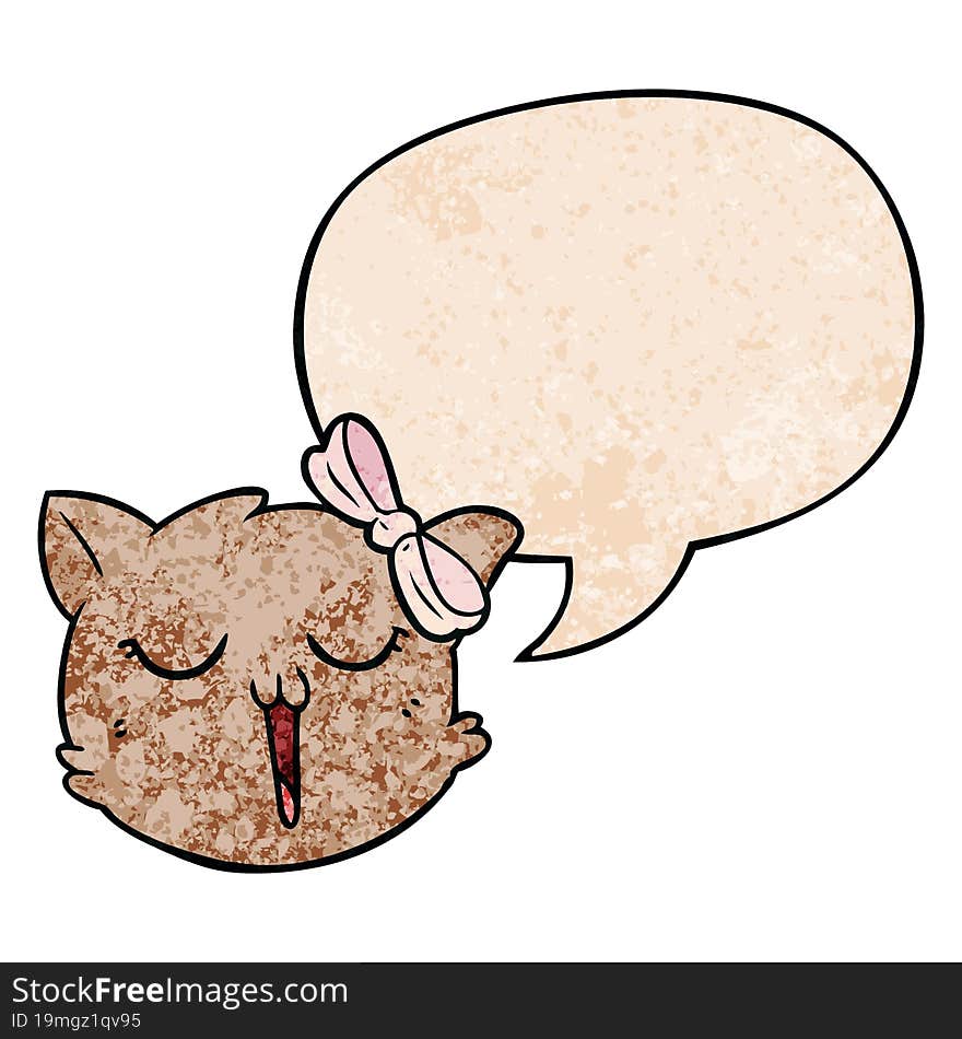 cartoon cat face with speech bubble in retro texture style