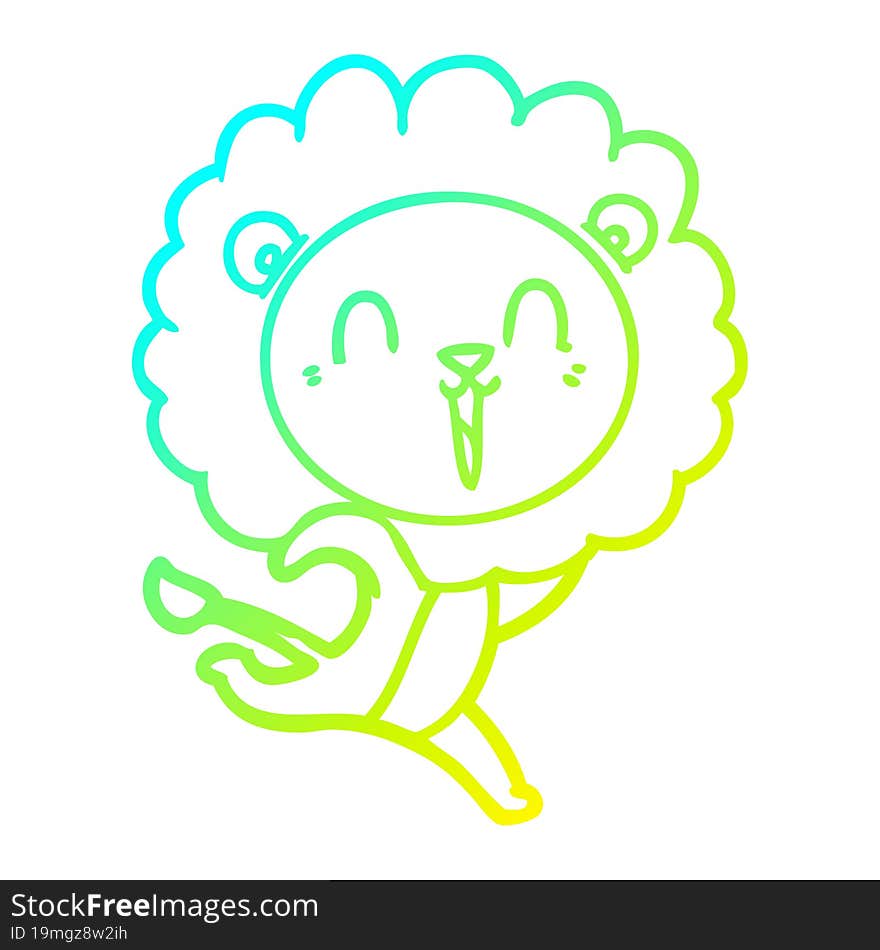 cold gradient line drawing of a laughing lion cartoon running