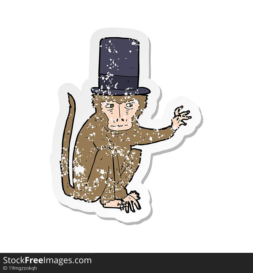 retro distressed sticker of a cartoon monkey wearing top hat