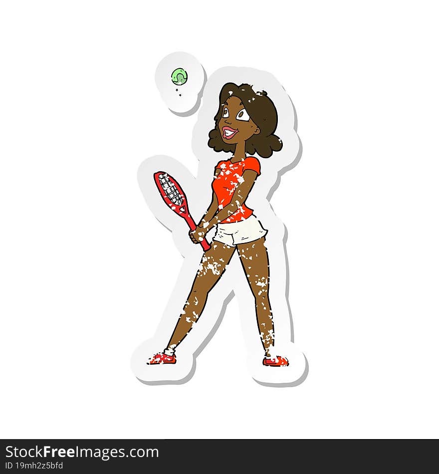 retro distressed sticker of a cartoon woman playing tennis