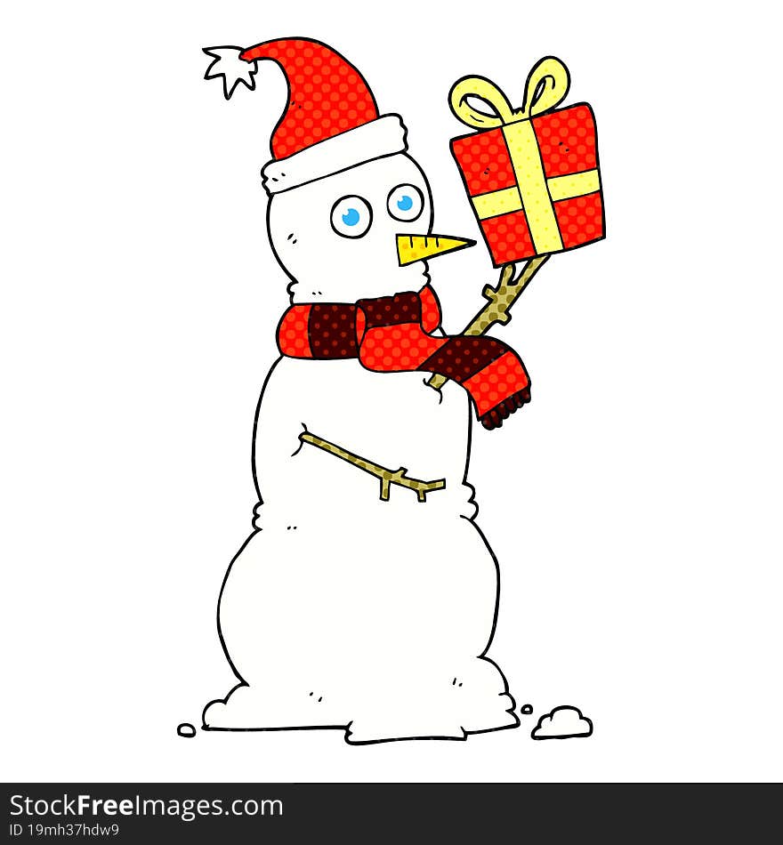 Cartoon Snowman Holding Present