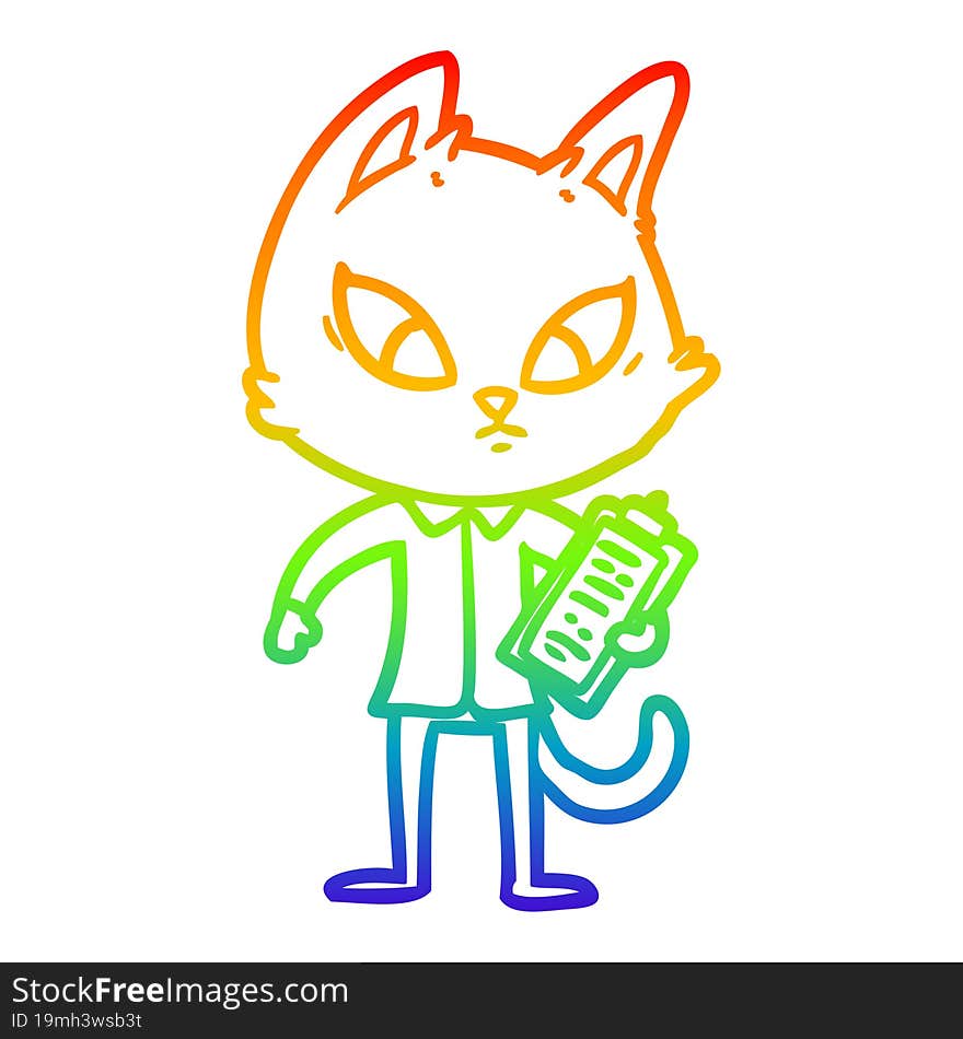 rainbow gradient line drawing of a confused cartoon business cat