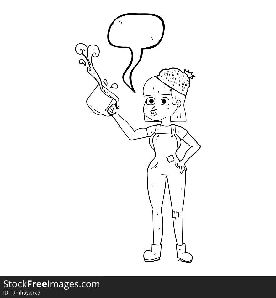 Speech Bubble Cartoon Female Worker With Coffee Mug