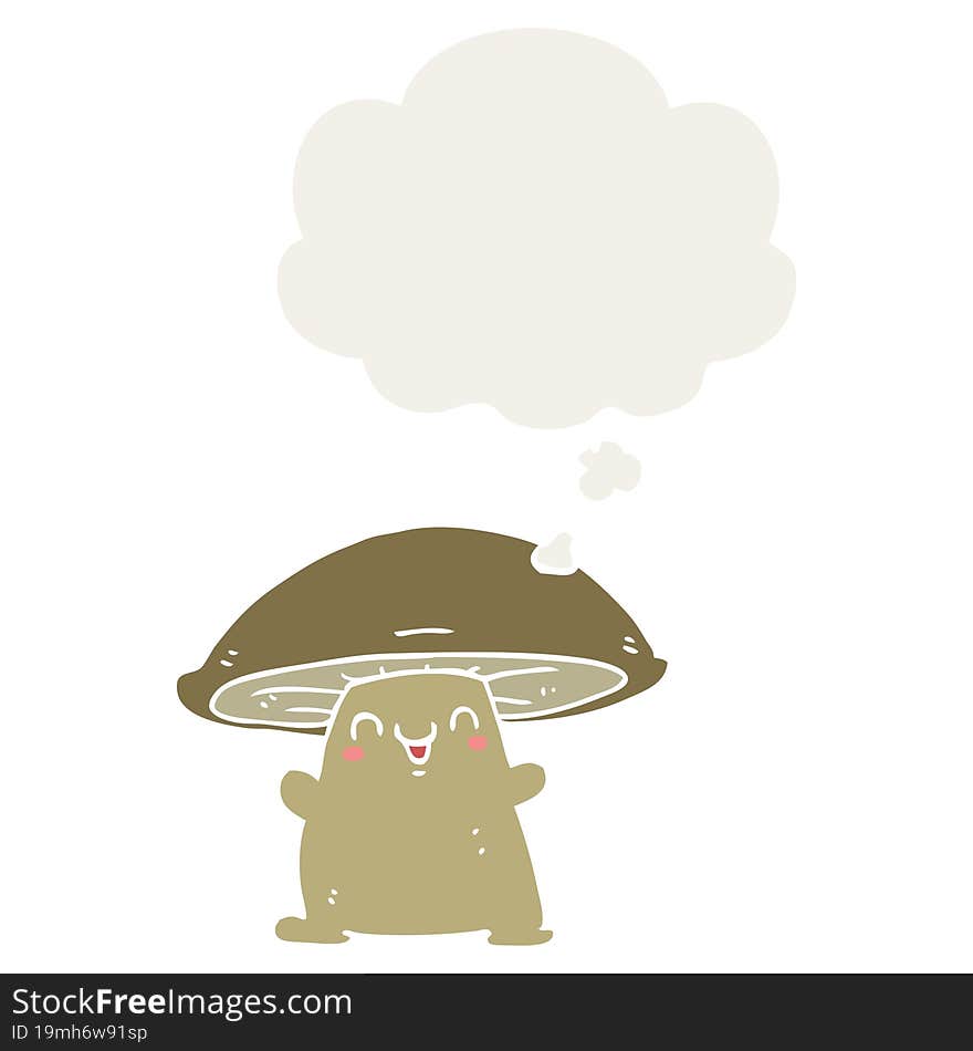 cartoon mushroom character with thought bubble in retro style