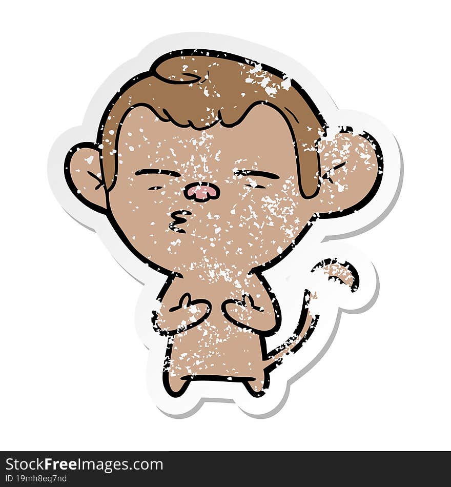 Distressed Sticker Of A Cartoon Suspicious Monkey