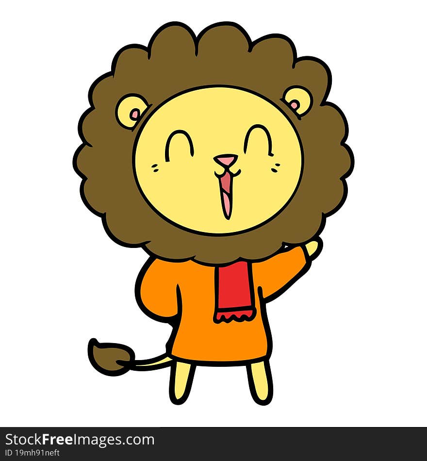 laughing lion cartoon in winter clothes. laughing lion cartoon in winter clothes