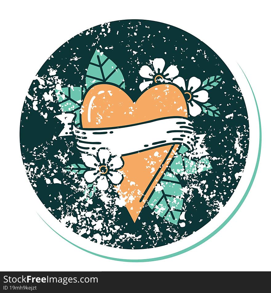 distressed sticker tattoo style icon of a heart and banner